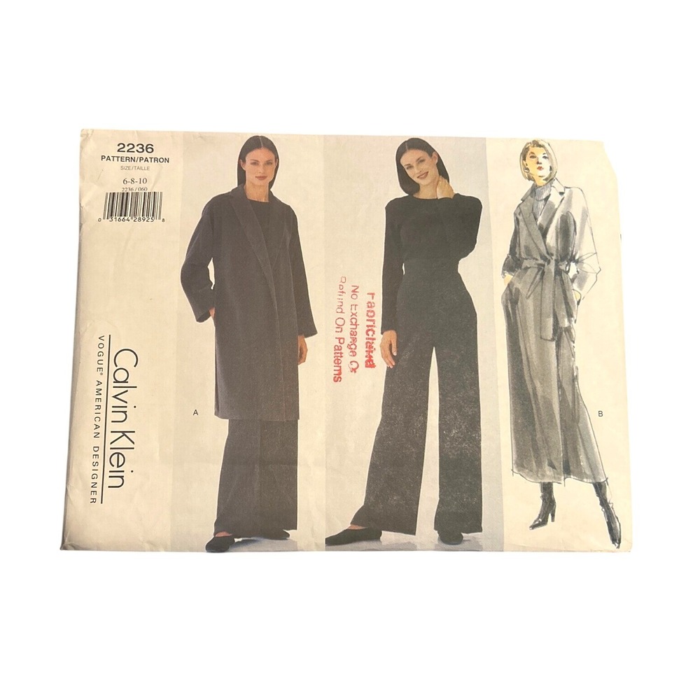 Vogue 2236 Calvin Klein Vintage Designer Sewing Pattern Coat Pants Uncut Sz 6-10